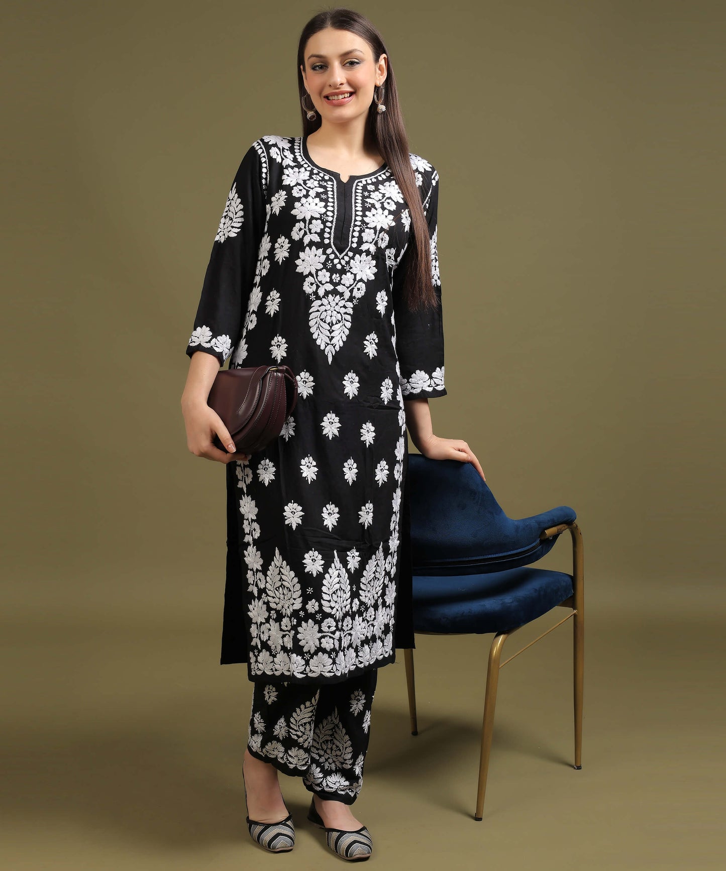 NEA Chikankari Lucknowi Handcrafted Rayon Palazzo Set - Black