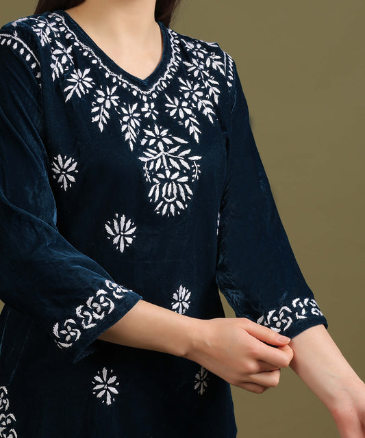 NEA Chikankari Lucknowi Hand Embroidered Velvet Kurta Set - Teal Blue