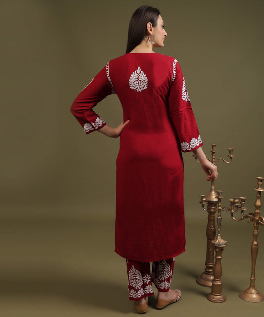 NEA Chikankari Lucknowi Handcrafted Rayon Palazzo Set - Maroon