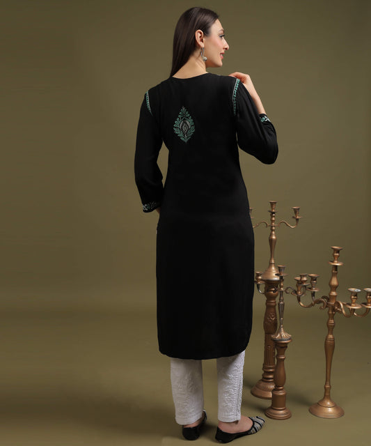 NEA Chikankari Black Rayon Kurti With Sea Green Embroidery