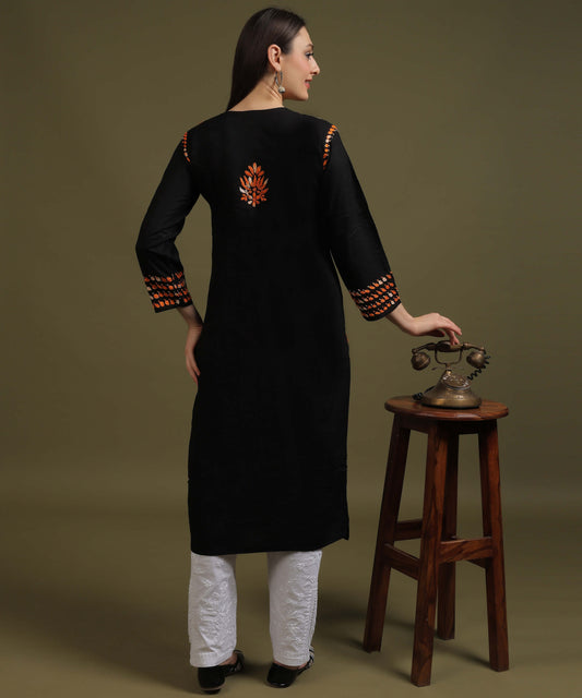 NEA Chikankari Black Rayon Kurti With Shaded Orange Embroidery