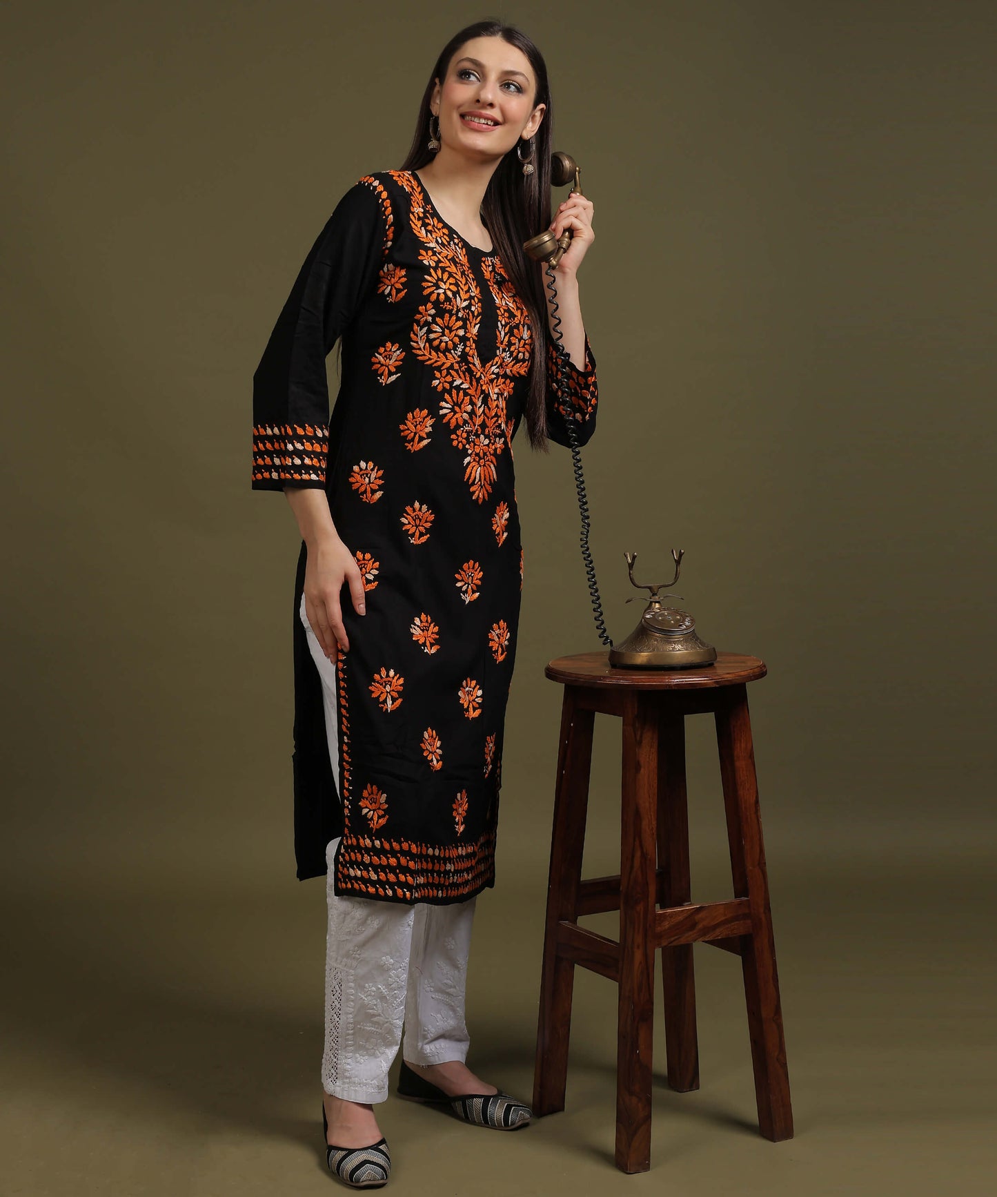 NEA Chikankari Black Rayon Kurti With Shaded Orange Embroidery