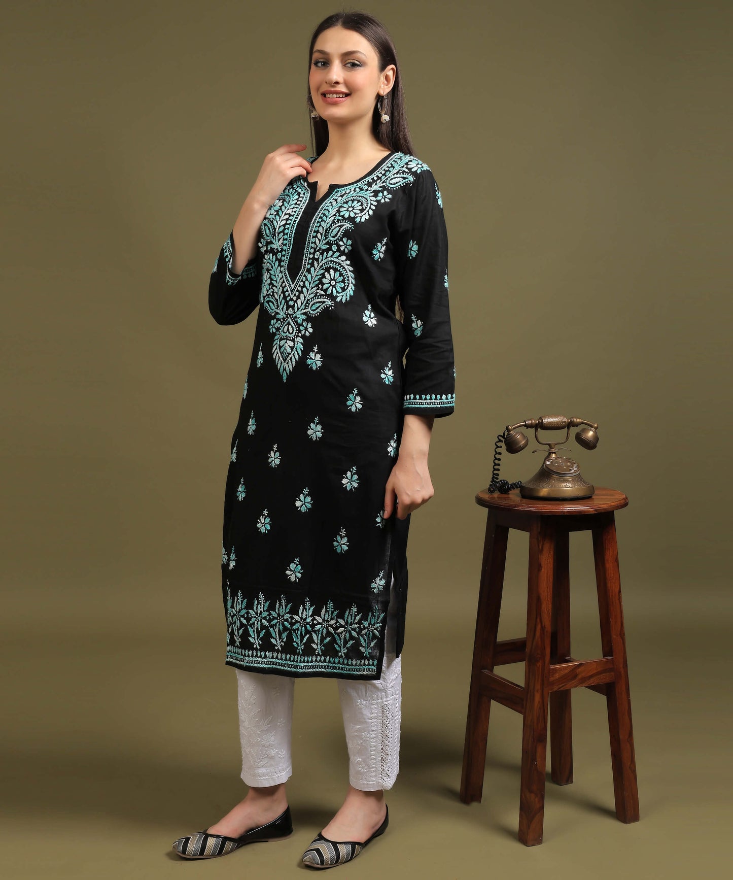 NEA Chikankari Black Cotton Kurti With Shaded Sky Blue Embroidery