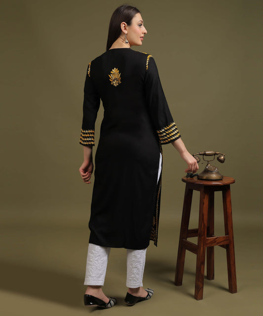 NEA Chikankari Black Rayon Kurti With Shaded Yellow Embroidery