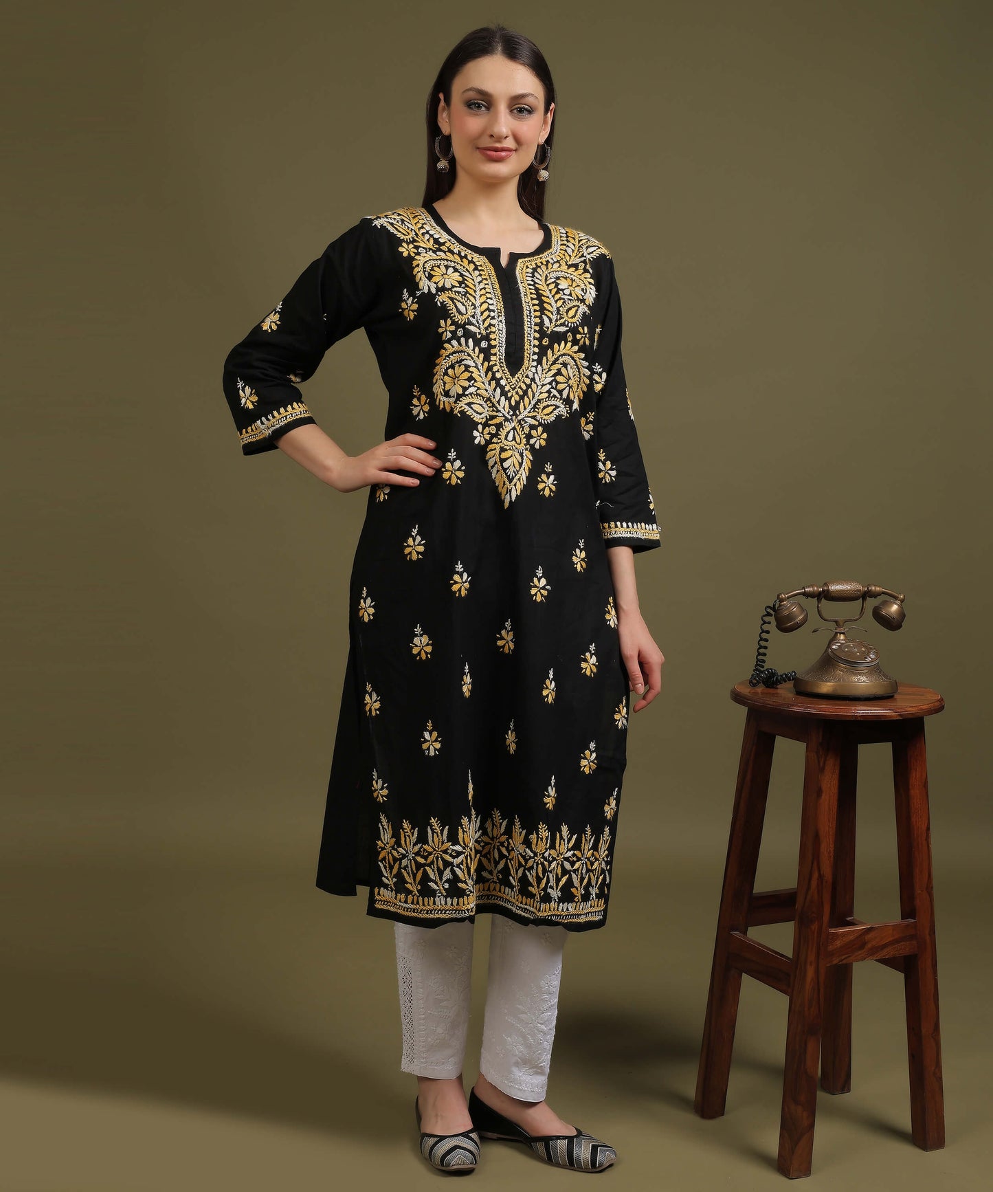 NEA Chikankari Black Cotton Kurti With Shaded Yelllow Embroidery
