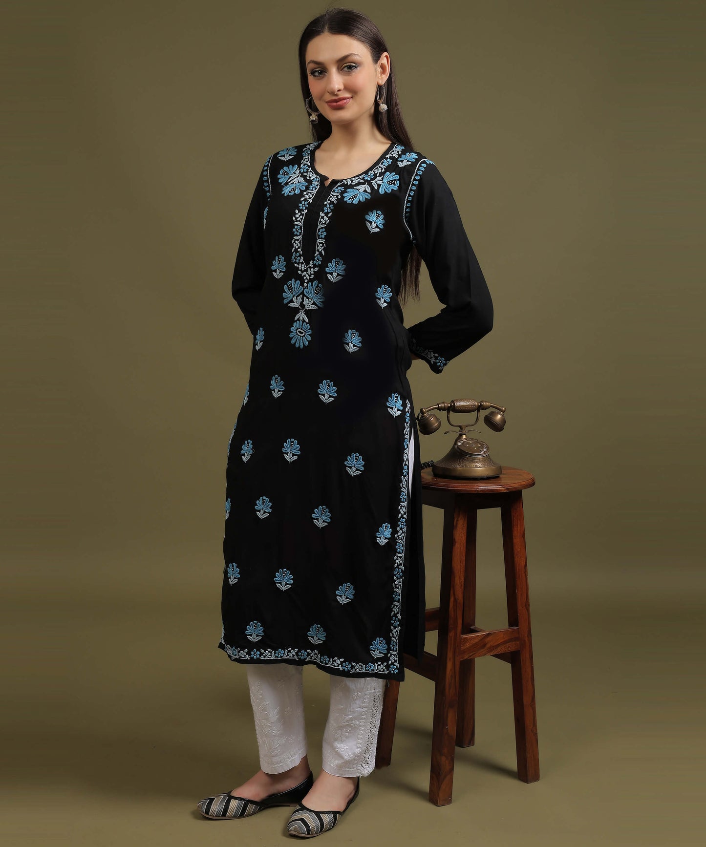 NEA Chikankari Black Rayon Kurti With Blue Embroidery