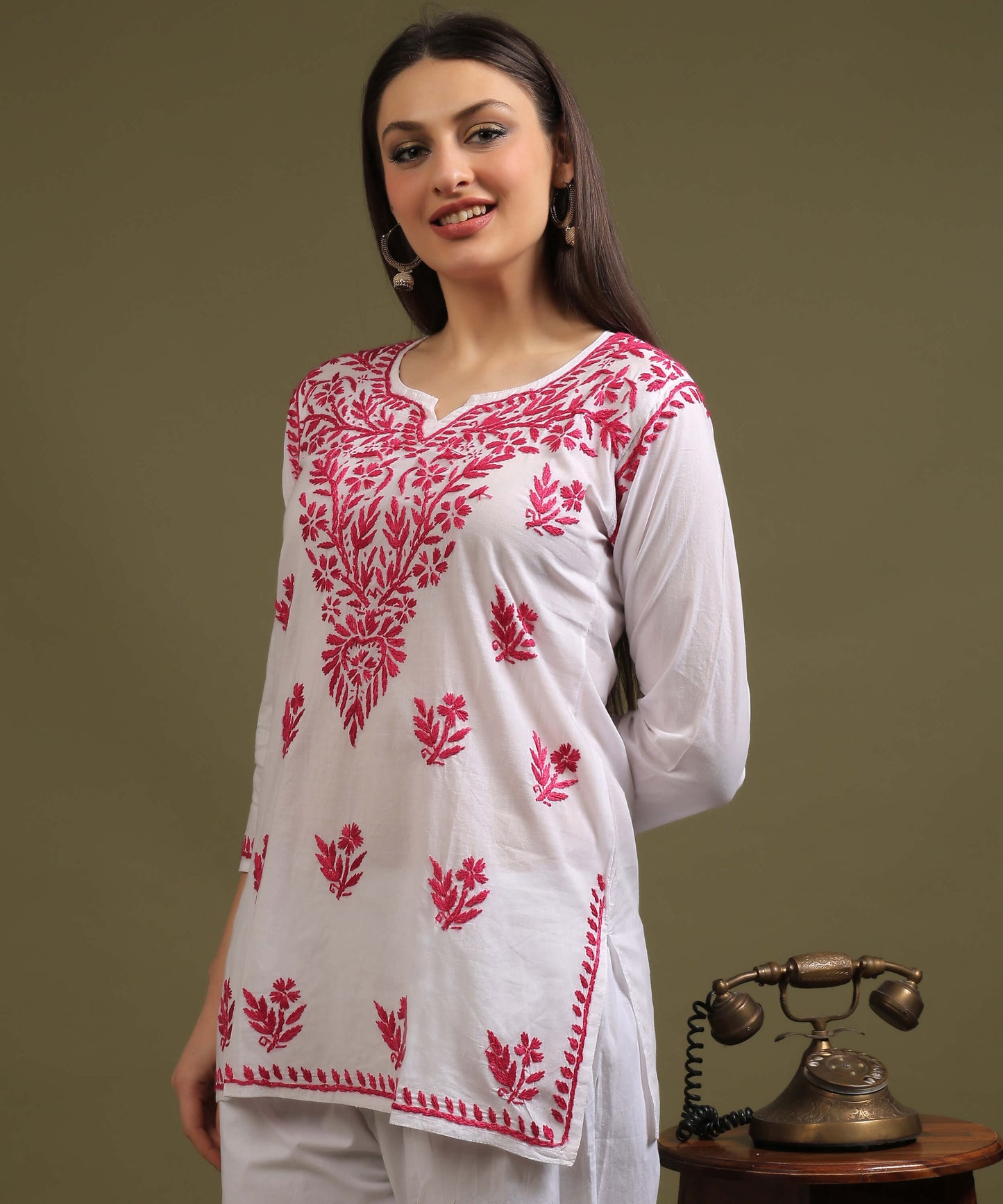 NEA Chikankari White Cambric Cotton Short Kurti With Pink Embroidery