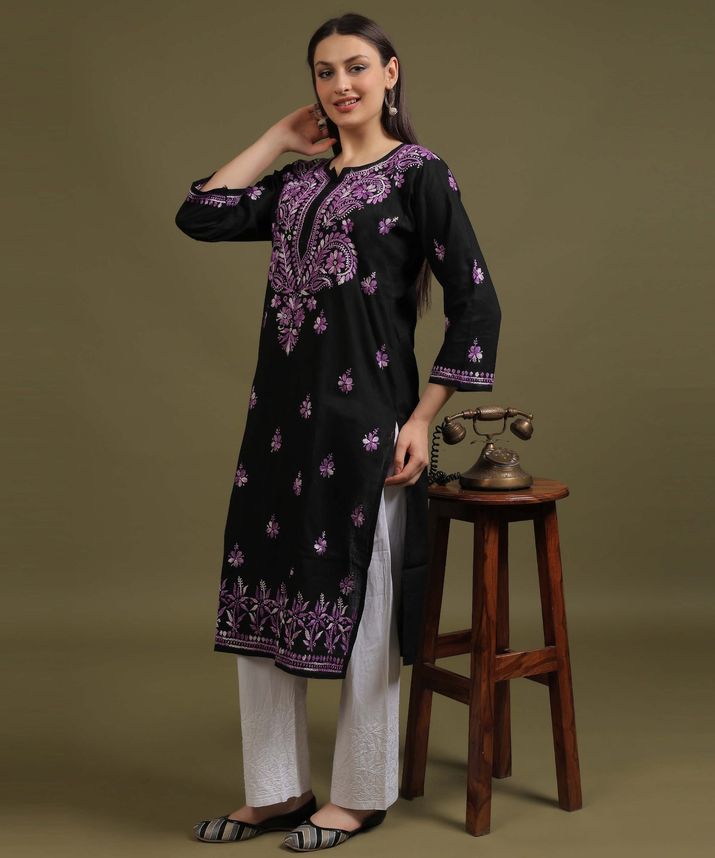 NEA Chikankari Black Cotton Kurti With Purple Embroidery