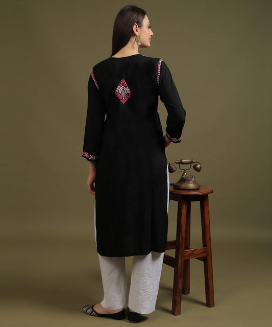 NEA Chikankari Black Rayon Kurti With Red Embroidery