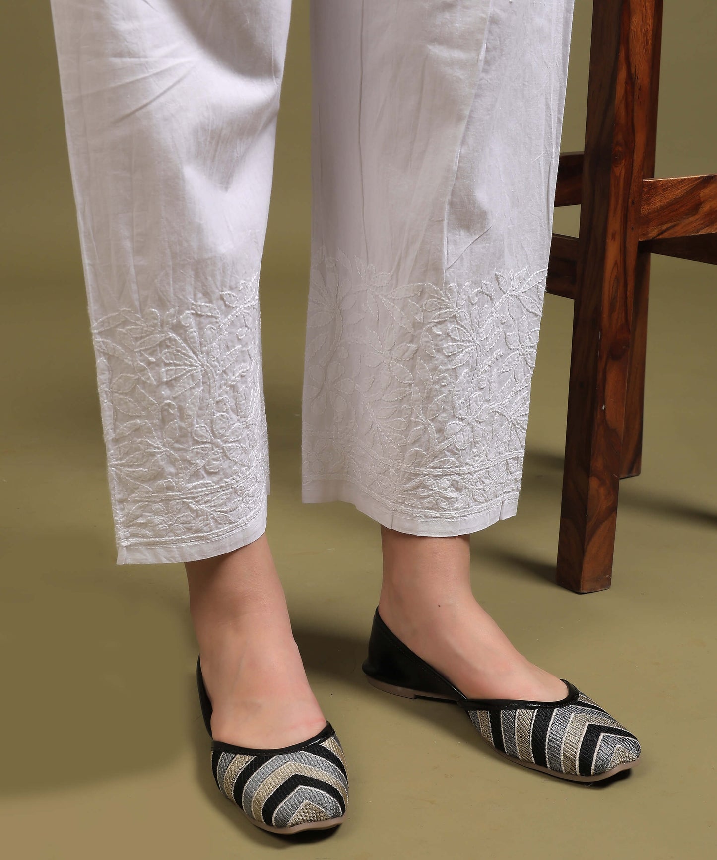 NEA Chikankari Embroidered White Cotton Palazzo Pant