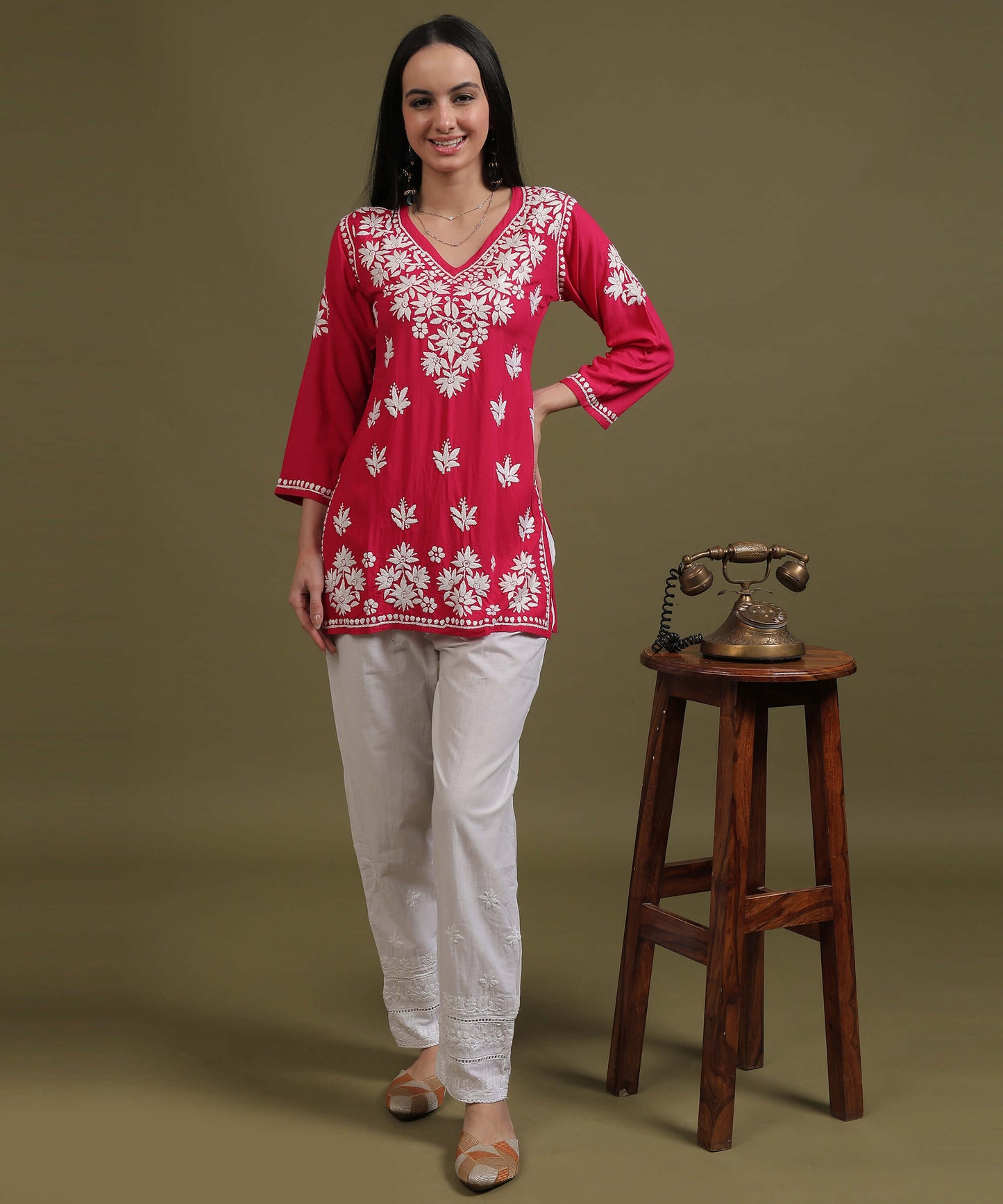 NEA Chikankari Red Rayon Short Kurti WIth White Embroidery