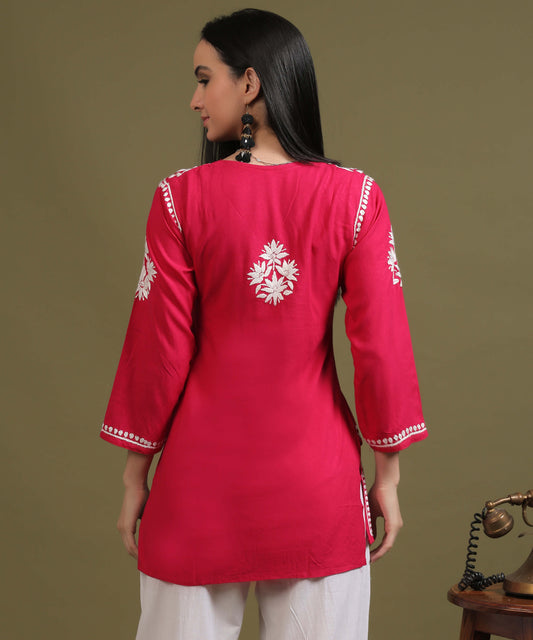 NEA Chikankari Red Rayon Short Kurti WIth White Embroidery