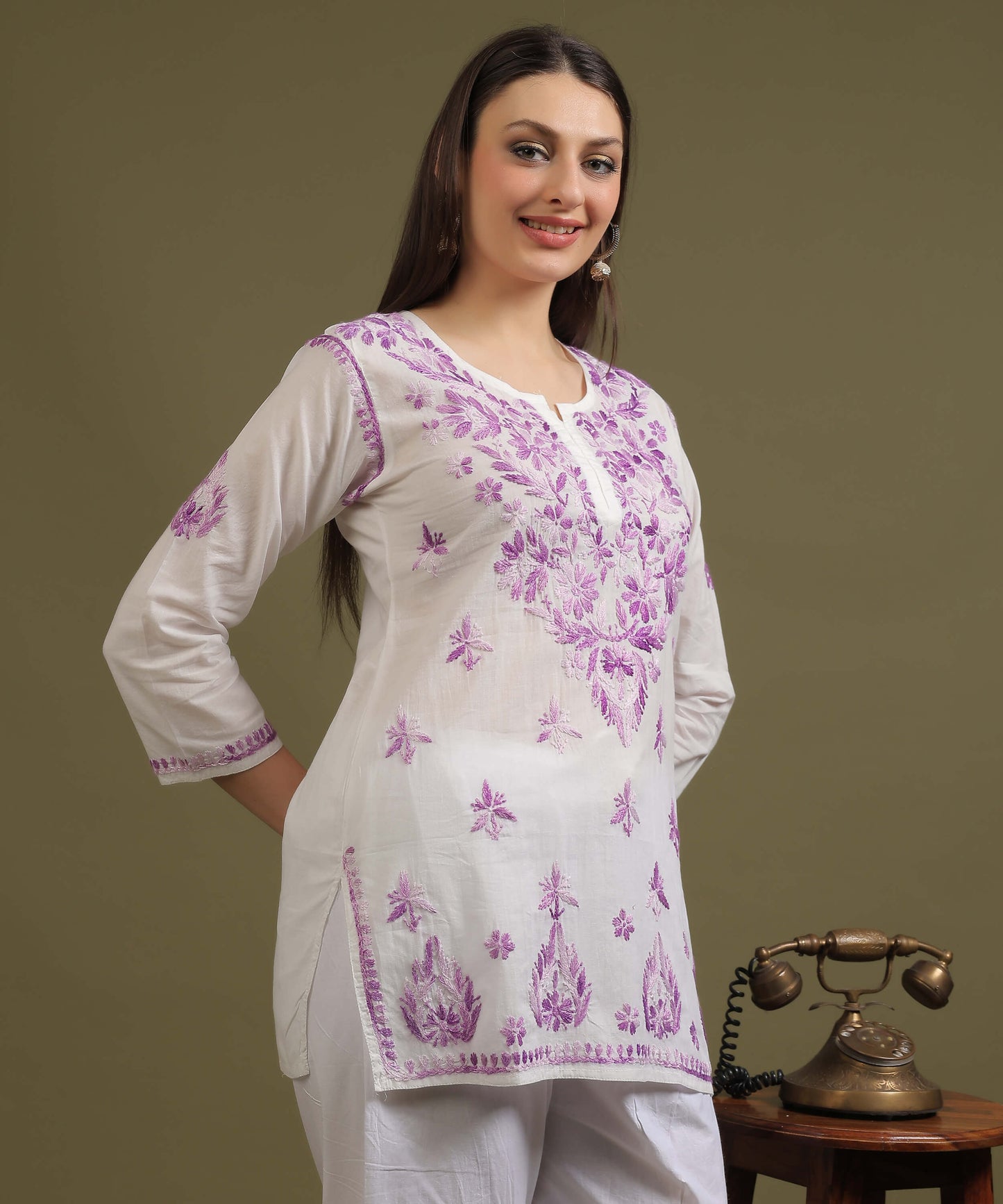 NEA Chikankari White Cambric Cotton Short Kurti With Shaded Purple Embroidery