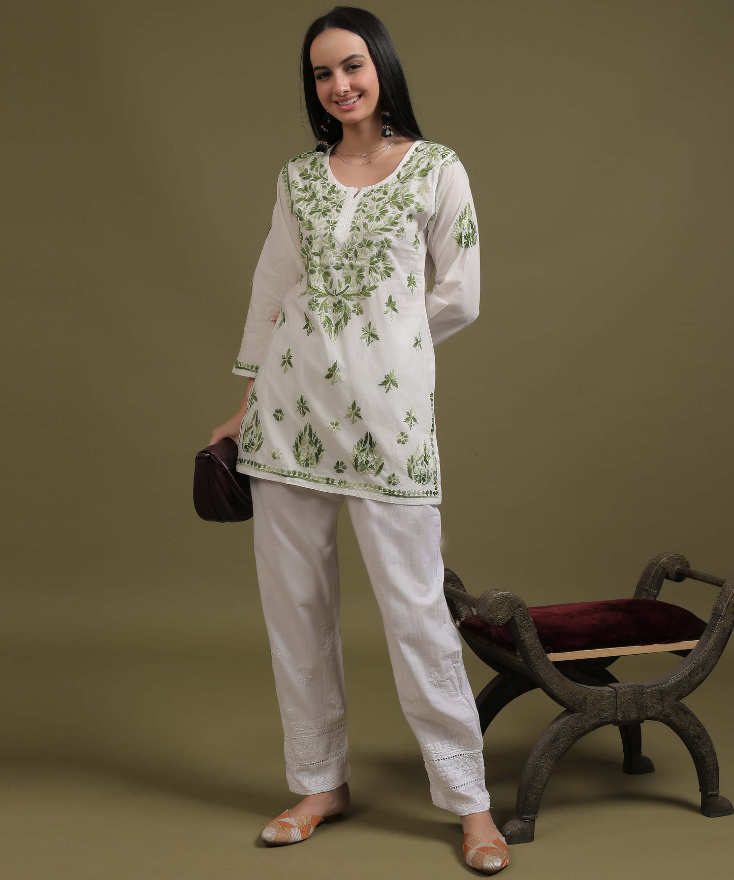NEA Chikankari White Cambric Cotton Short Kurti With Shaded Green Embroidery