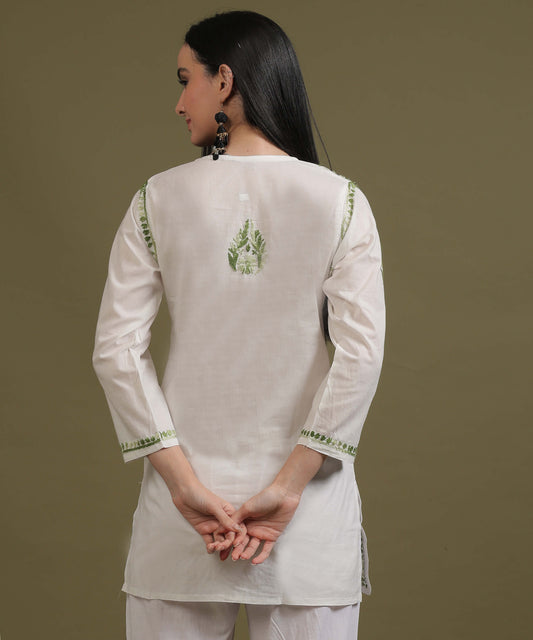 NEA Chikankari White Cambric Cotton Short Kurti With Shaded Green Embroidery