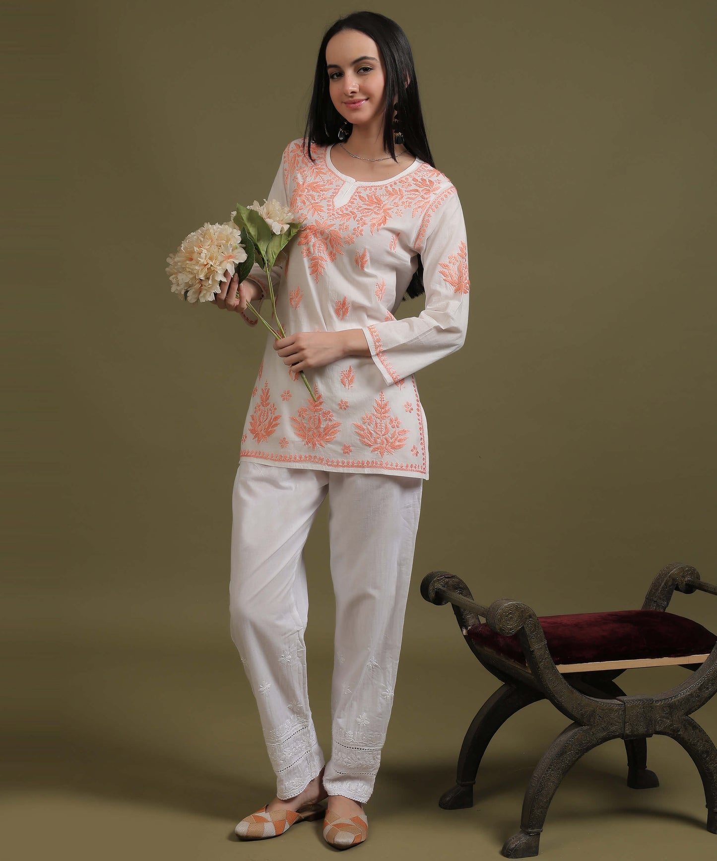 NEA Chikankari White Rayon Short Top With Peach Embroidery