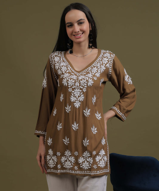 NEA Chikankari Brown Rayon Short Top With White Embroidery