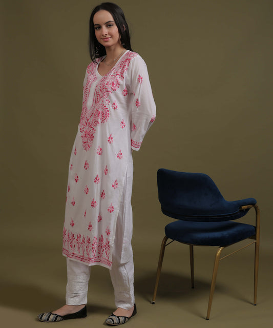 NEA Chikankari White Cotton Kurti With Shaded Pink Embroidery