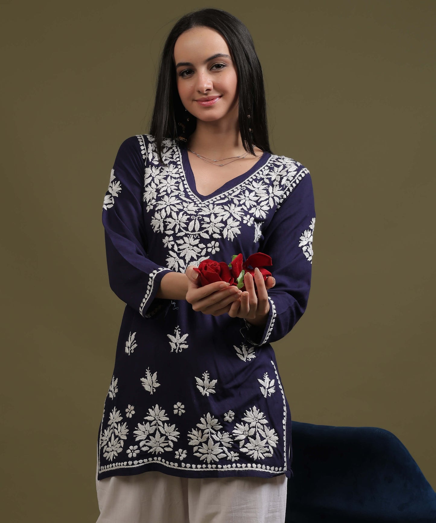 NEA Chikankari Navy Blue Rayon Short Top With White Embroidery