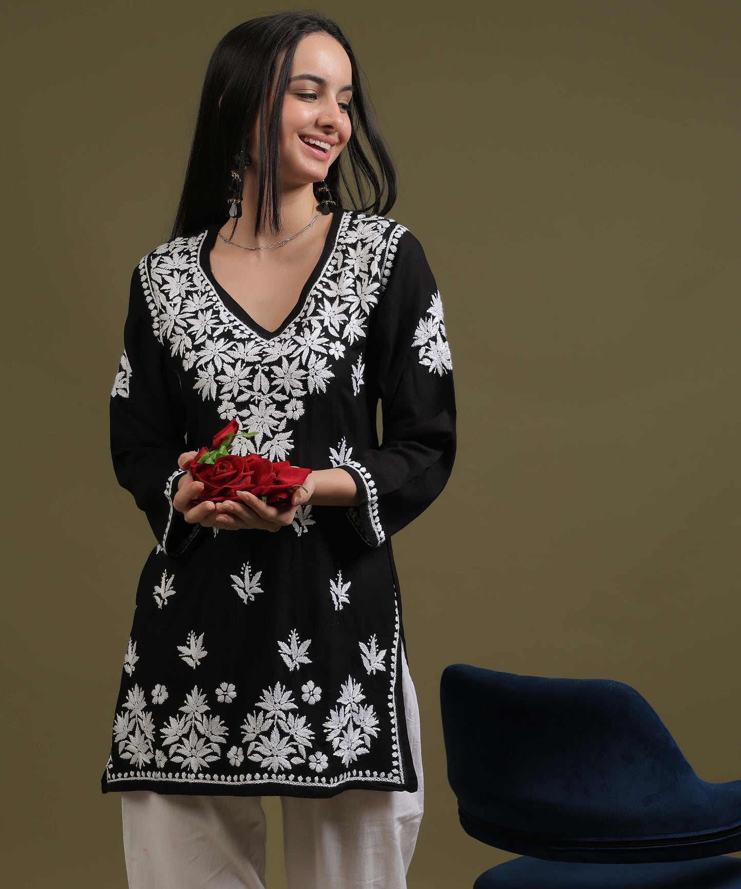 NEA Chikankari Black Rayon Short Top With White Embroidery