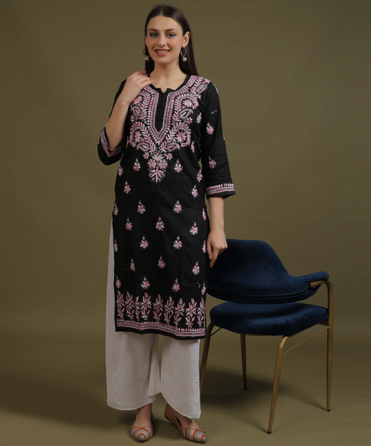 NEA Chikankari Black Cotton Kurti With Shaded Baby Pink Embroidery