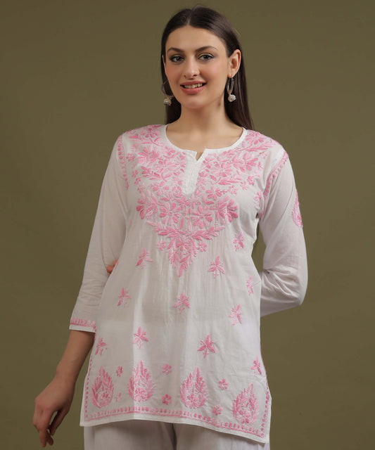 NEA Chikankari White Cotton Short Top With Shaded Baby Pink Embroidery