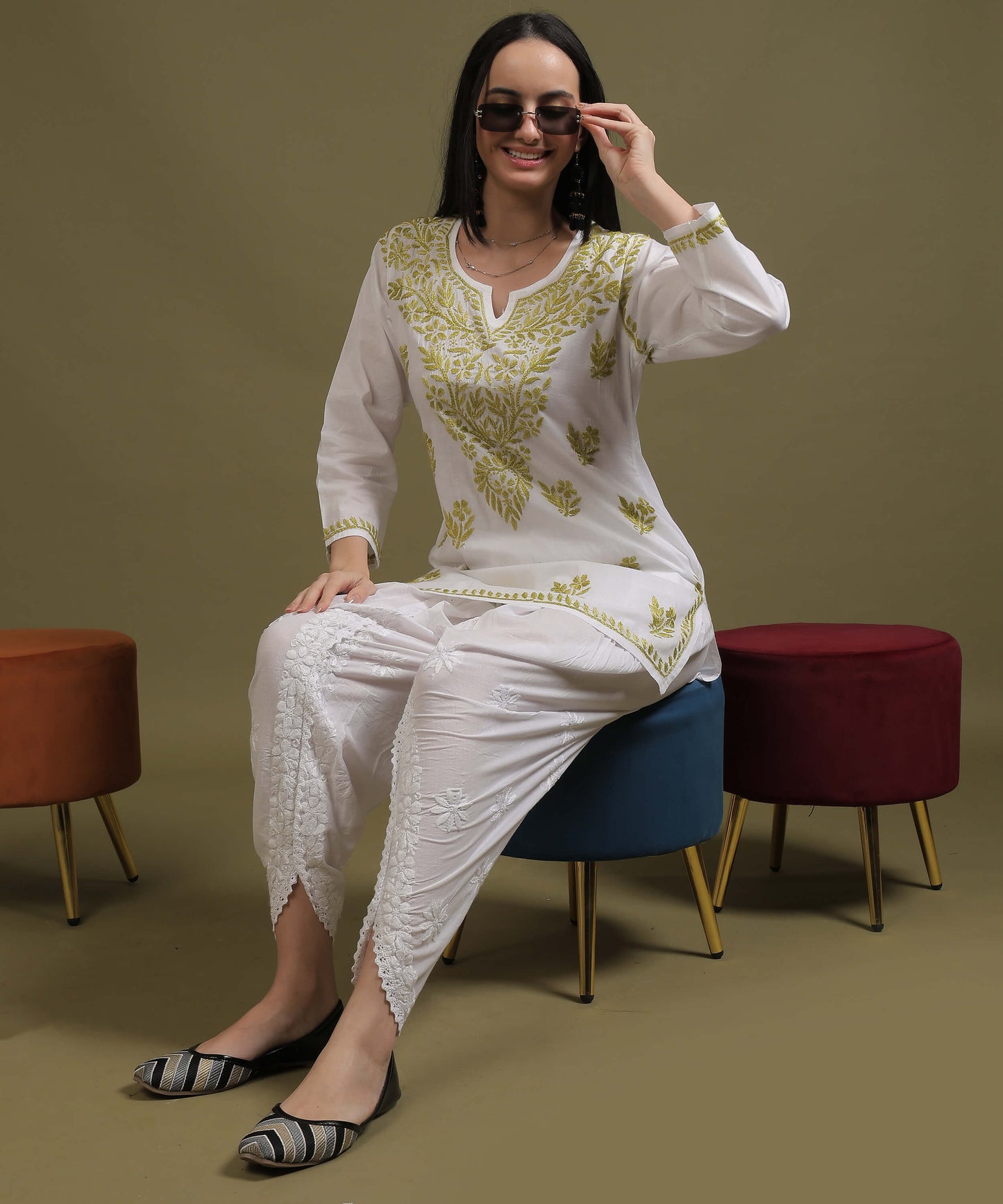 NEA Chikankari White Cotton Short Kurti With Olive Green Embroidery