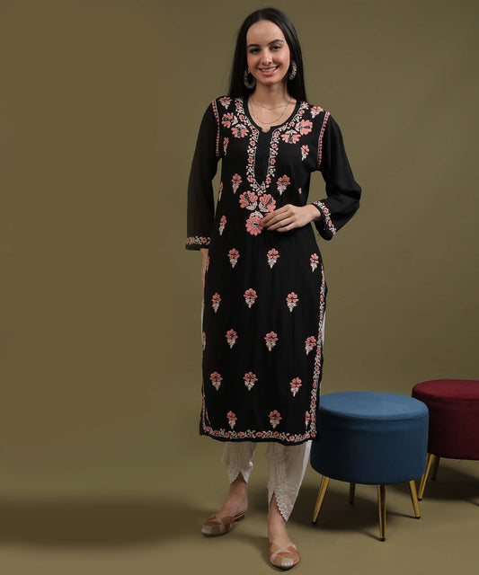 NEA Chikankari Black Rayon Kurti With Peach Embroidery