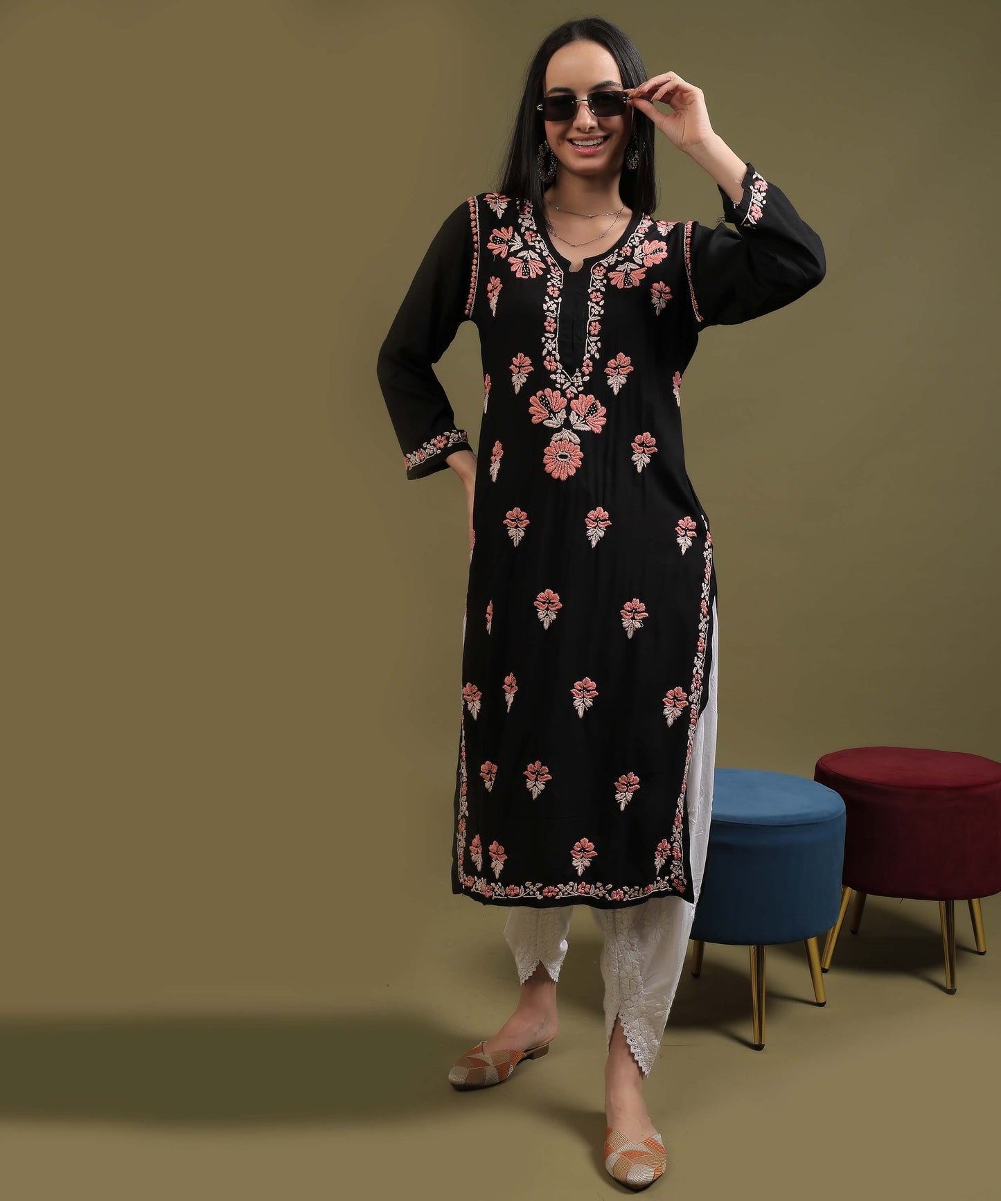 NEA Chikankari Black Rayon Kurti With Peach Embroidery