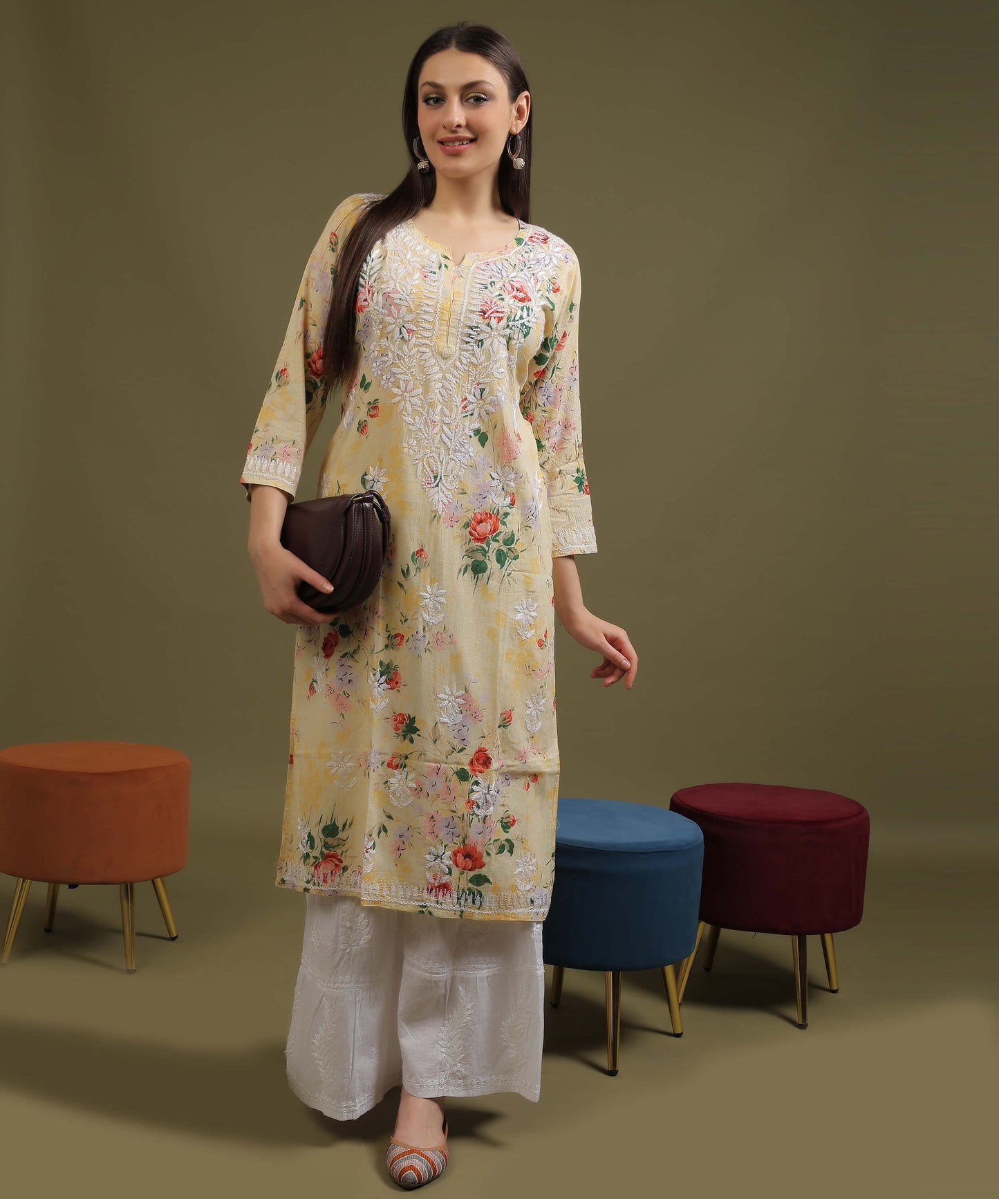 NEA Chikankari Mulmul Printed Yellow Kurta With White Embroidery
