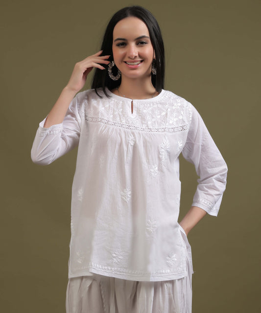 NEA Chikankari White Cotton Short Kurti With Laces