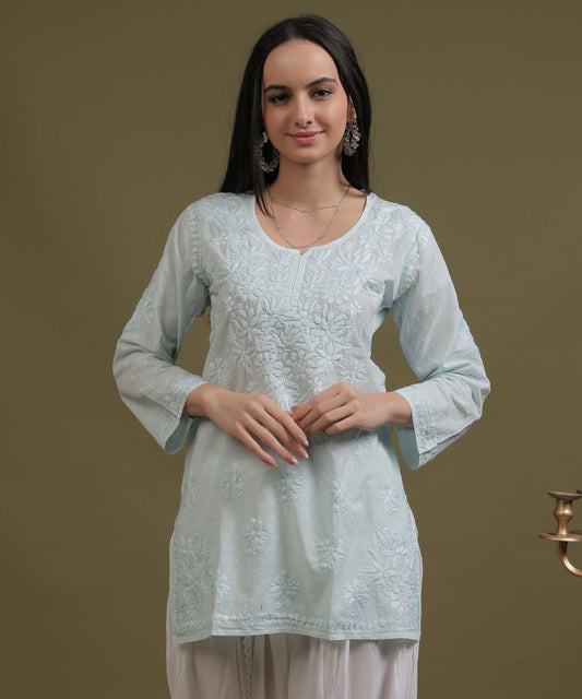 NEA Chikankari Ice Blue Dobby Cotton Short Kurti With White Embroidery