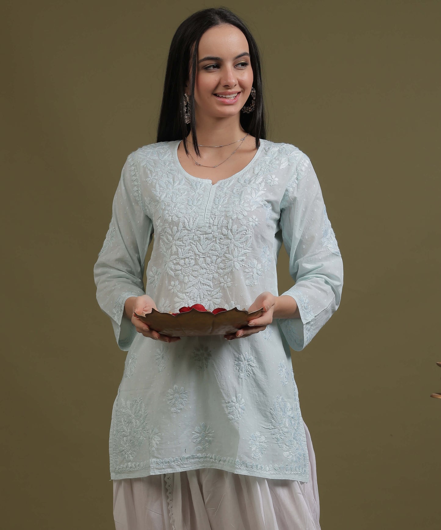 NEA Chikankari Ice Blue Dobby Cotton Short Kurti With White Embroidery