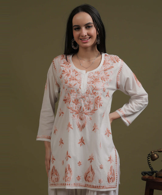 NEA Chikankari White Cotton Short Top With Peach Embroidery