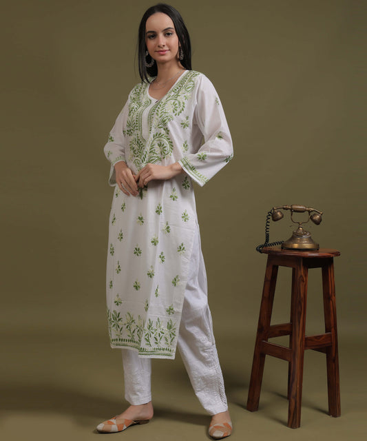 NEA Chikankari White Cotton Kurti With Shaded Green Embroidery