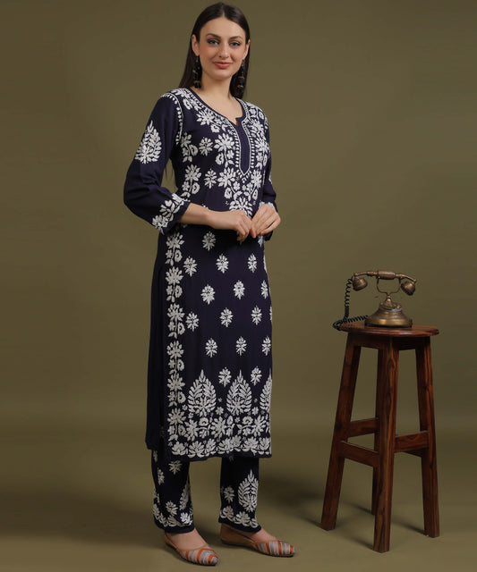 NEA Chikankari Handcrafted Rayon Palazzo Set - Navy Blue