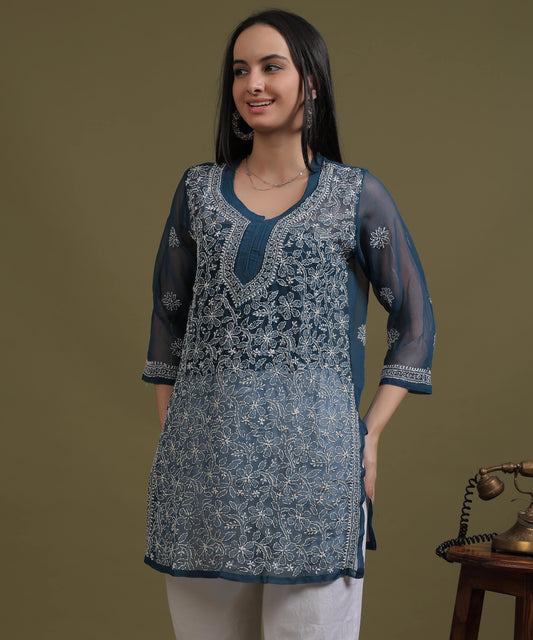 NEA Chikankari Teal Blue Georgette Short Kurti With White Embroidery