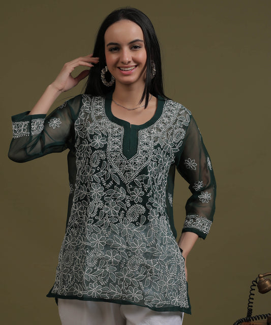 NEA Chikankari Black Georgette Short Kurti With White Embroidery