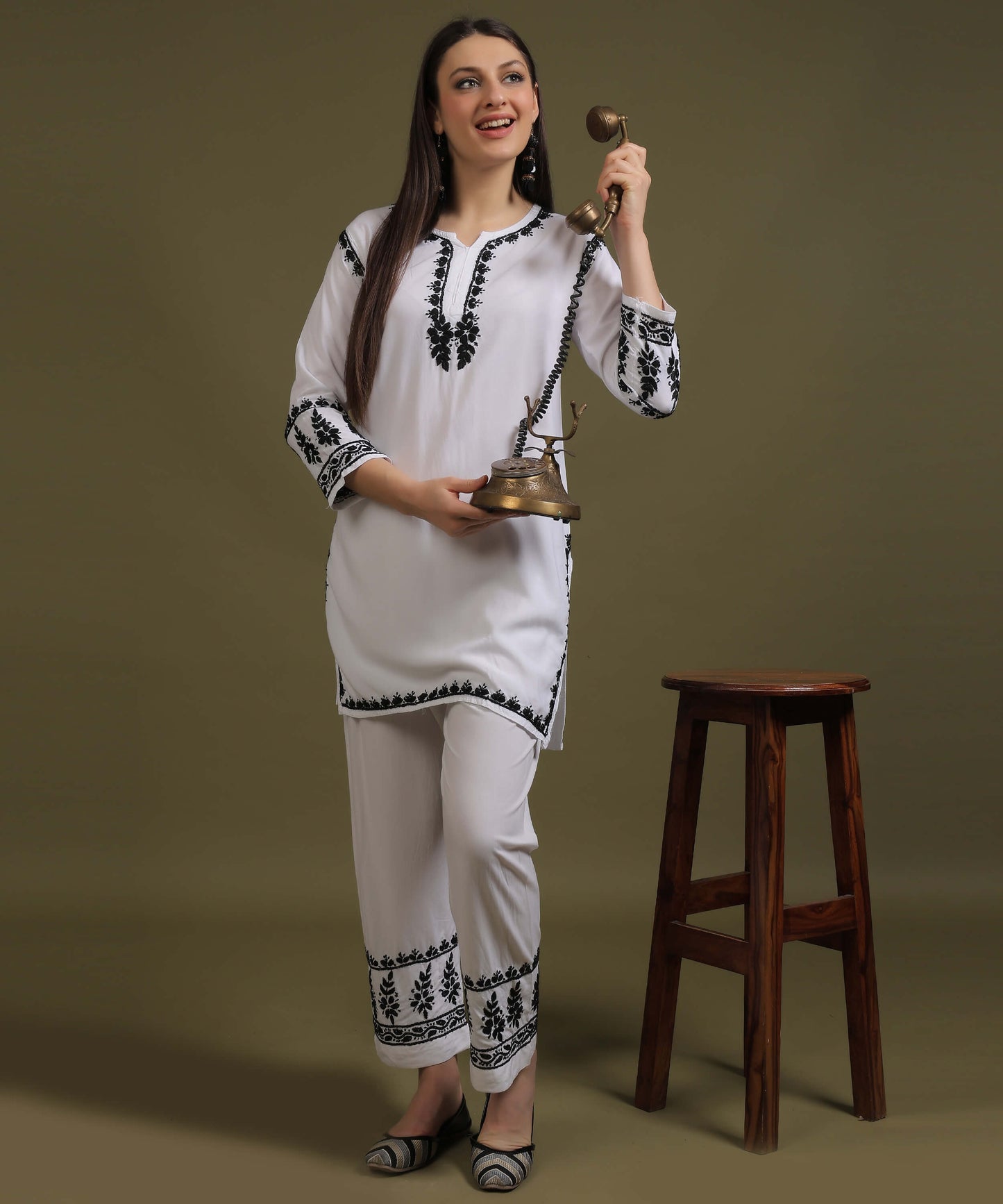 NEA Chikankari White Rayon Dua Co-ord Set With Black Embroidery
