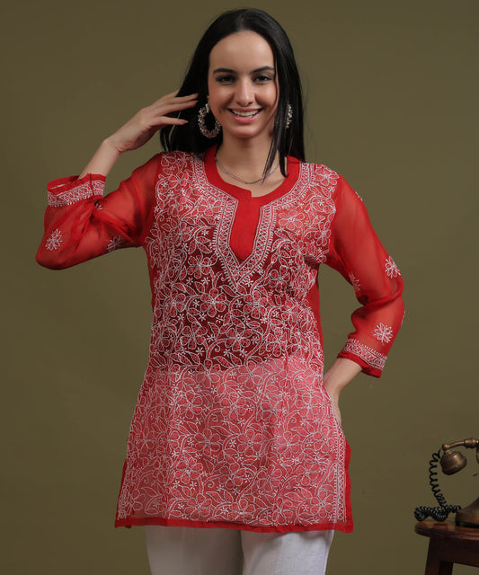 NEA Chikankari Red Georgette Short Kurti With White Embroidery