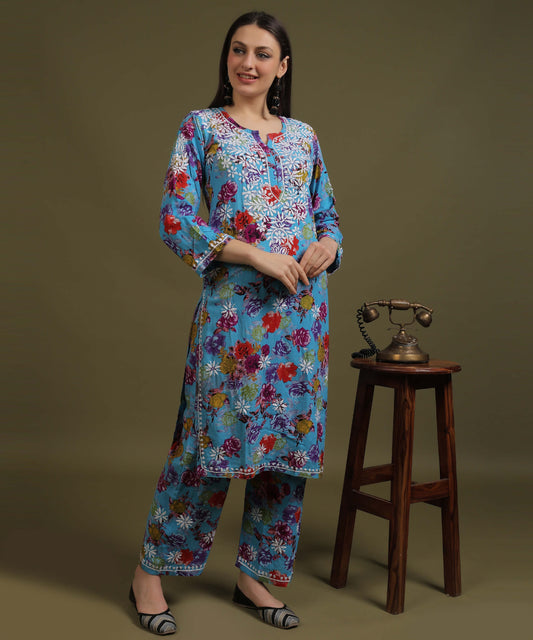 NEA Chikankari Rayon Printed Blue Kurta Palazzo Set With White Embroidery