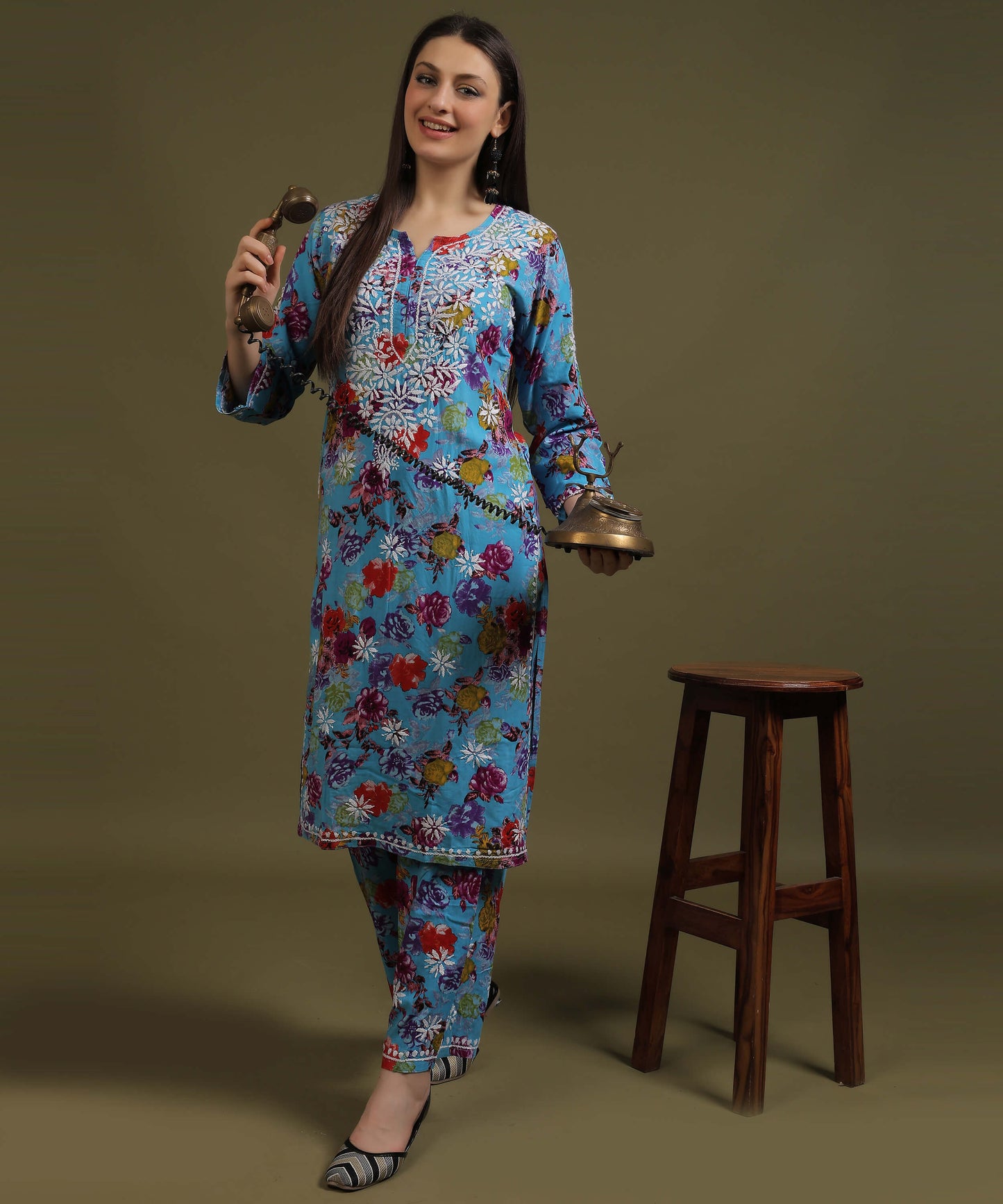 NEA Chikankari Rayon Printed Blue Kurta Palazzo Set With White Embroidery