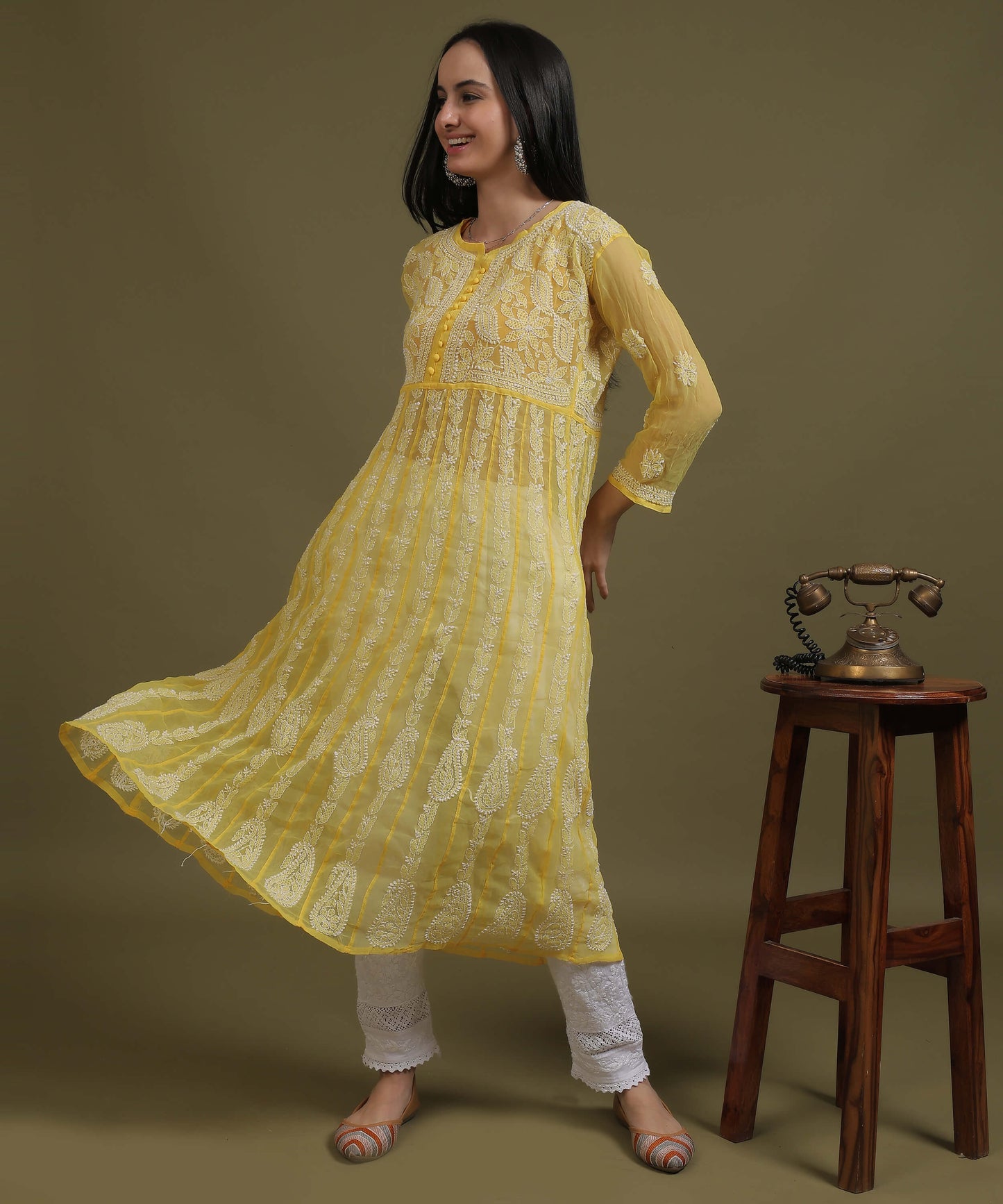 NEA Chikankari Yellow Georgette A-line Anarkali Gown With White Embroidery