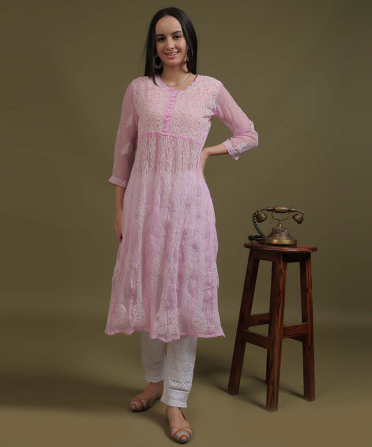 NEA Chikankari Pink Georgette A-line Anarkali Gown With White Embroidery