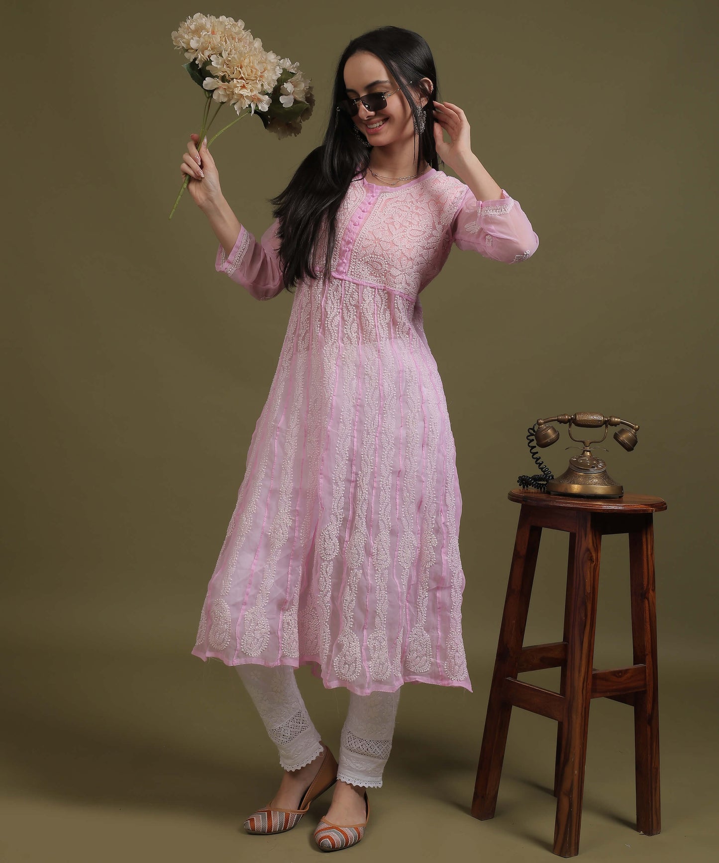 NEA Chikankari Pink Georgette A-line Anarkali Gown With White Embroidery