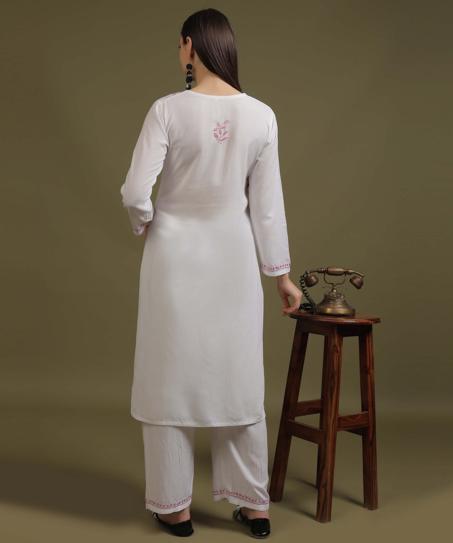 NEA Chikankari White Neckwork Rayon Palazzo Set With Baby Pink Embroidery