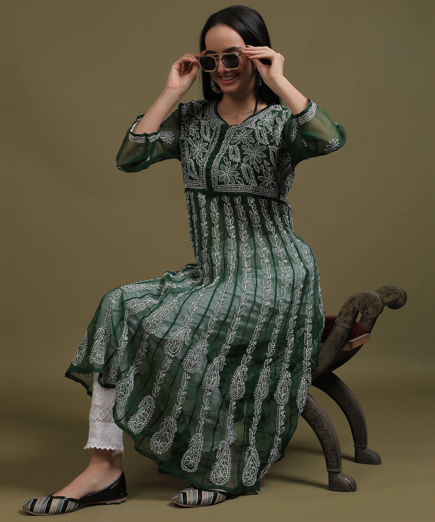 NEA Chikankari Bottle Green Georgette A-line Anarkali Gown With White Embroidery
