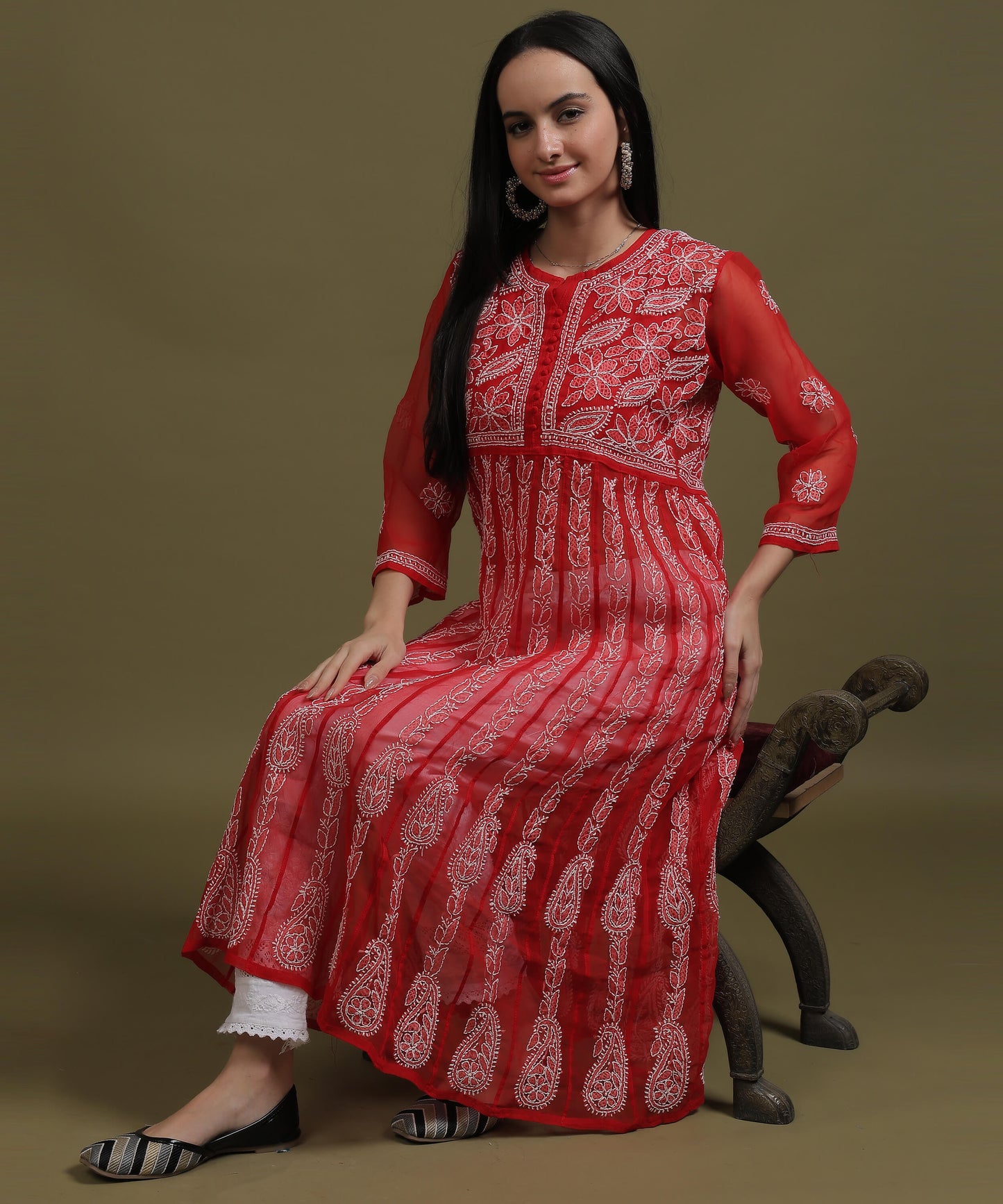 NEA Chikankari Red Georgette A-line Anarkali Gown With White Embroidery