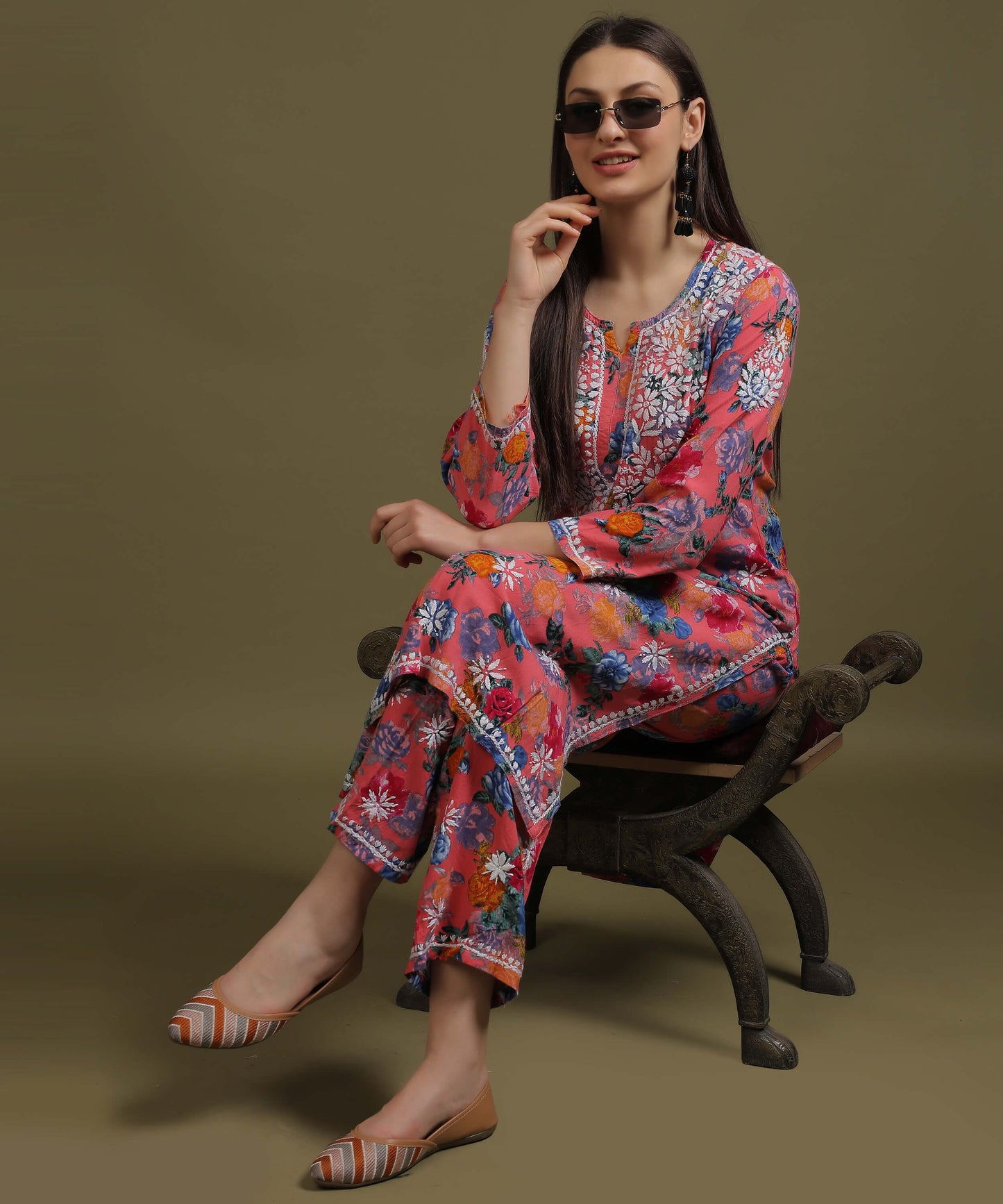 NEA Chikankari Rayon Printed Pink Palazo Set With White Embroidery