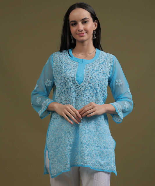 NEA Chikankari Sky Blue Georgette Short Kurti With White Embroidery